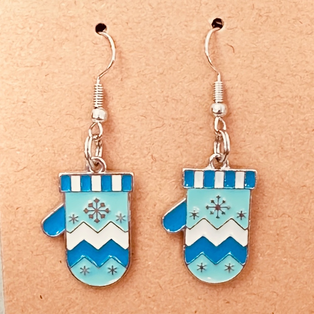 Handcrafted Enamel Dangle Earrings Winter Mitten Charms Stainless Steel Hooks